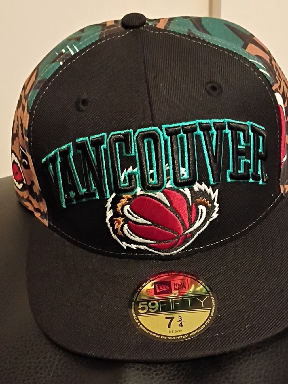 New Era Black Vancouver Fitted Hat with Teal & Red Embroidery